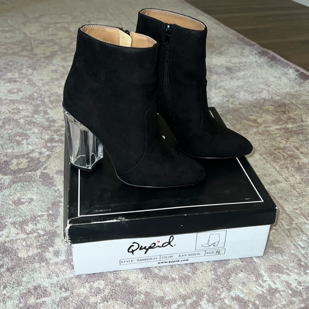 Qupid micro suede clear heel booties